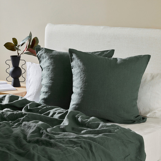 Washed Linen Dark Green European Pillowcase Pair